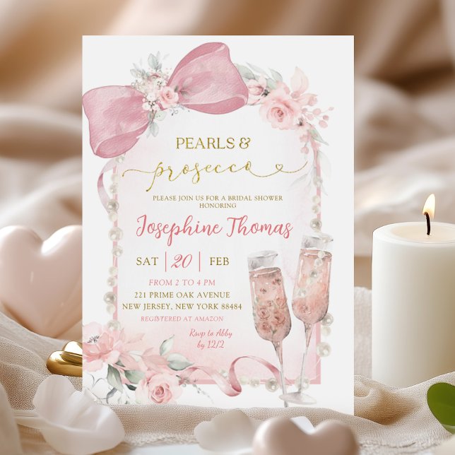 Pink Floral Bow Pearls and Prosecco Bridal Shower Invitation (Creator Uploaded)