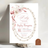 Pink Floral Bow Pearls Baby Shower Invitation