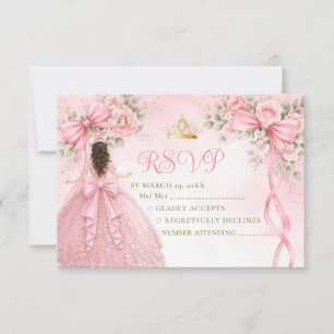 Pink Floral Bow Ribbon Girl Quinceañera RSVP Card
