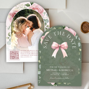 Pink Floral Bow Sage Green Photo Wedding Save The Date