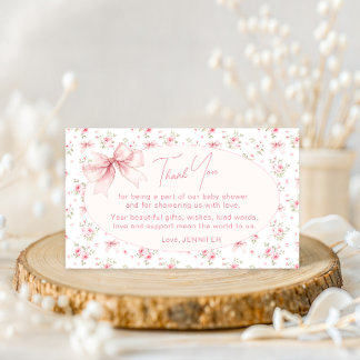 Pink Floral Bow Shabby Baby Girl Shower Thank You Enclosure Card