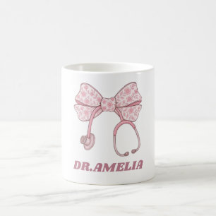 Pink Floral Bow Stethoscope Doctor Name Design Coffee Mug