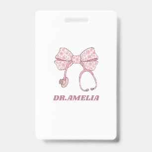 Pink Floral Bow Stethoscope Doctor Name Design ID Badge