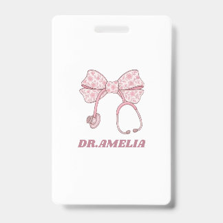 Pink Floral Bow Stethoscope Doctor Name Design ID Badge