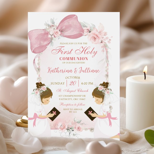 Pink Floral Bow Twins Girl First Holy Communion  Invitation (Creator Uploaded)