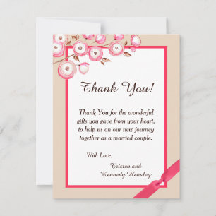 Pink Floral Branch 4x5 Flat Wedding Thank You Card
