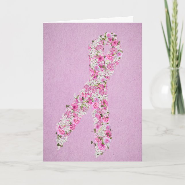 Pink Floral Breast Cancer Awareness Ribbon Card (Front)
