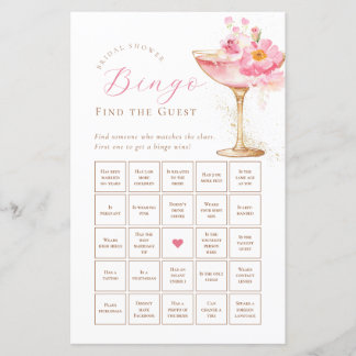 Pink Floral Bridal Shower Bingo Paper Sheet