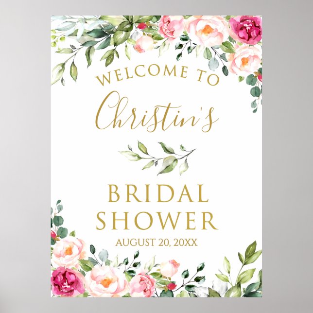Pink Floral Bridal Shower blush pink flowers Cute Poster (Front)