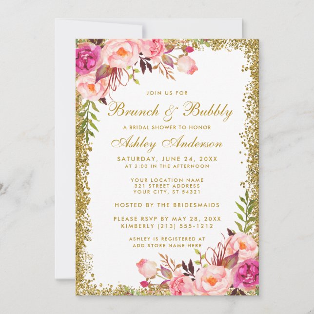 Pink Floral Bridal Shower Brunch Gold Glitter Invitation (Front)