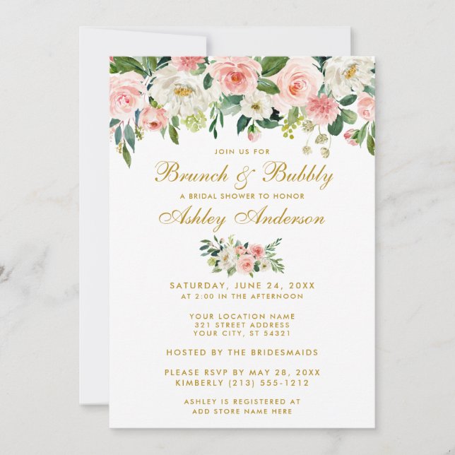 Pink Floral Bridal Shower Brunch Gold Invite Pk (Front)
