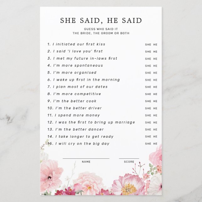 Pink Floral Bridal Shower She Said He Said (Front)