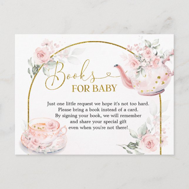 Pink Floral Bridal Shower Tea Party Books for Baby Invitation Postcard (Front)