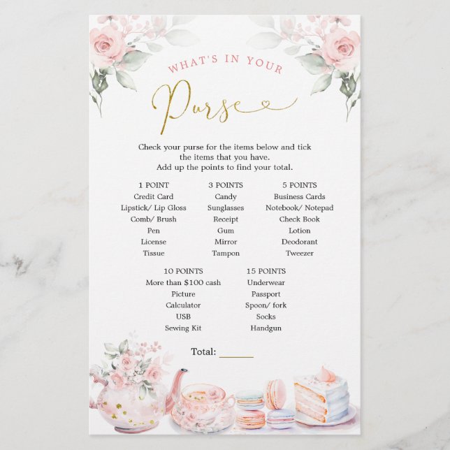 Pink Floral Bridal Shower Tea Party Purse Game (Front)