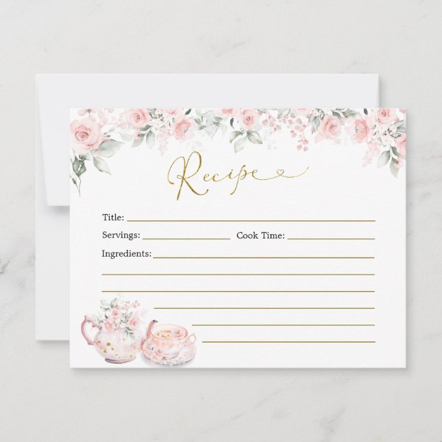 Pink Floral Bridal Shower Tea Party Recipe Card (Front)