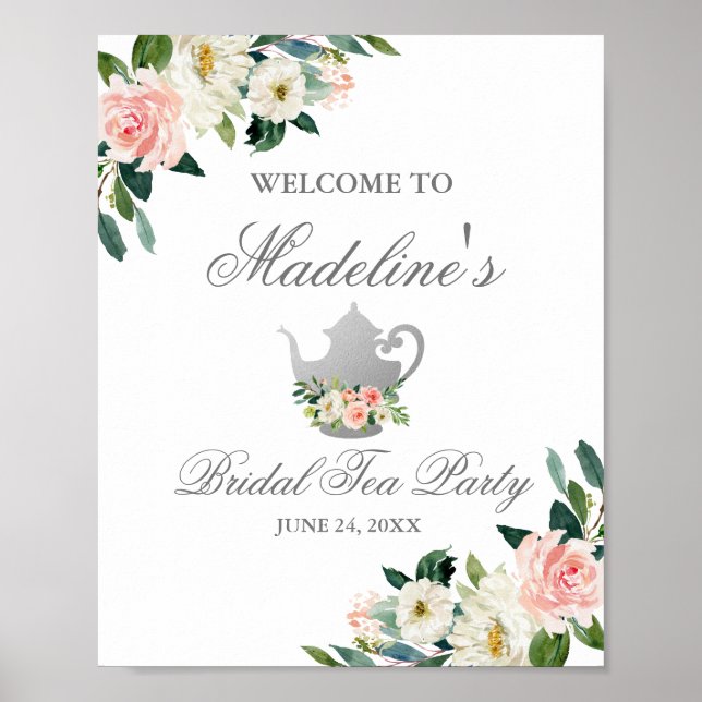 Pink Floral Bridal Shower Tea Party Silver Welcome Poster (Front)