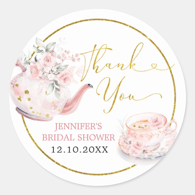 Pink Floral Bridal Shower Tea Party Thank You Classic Round Sticker (Front)