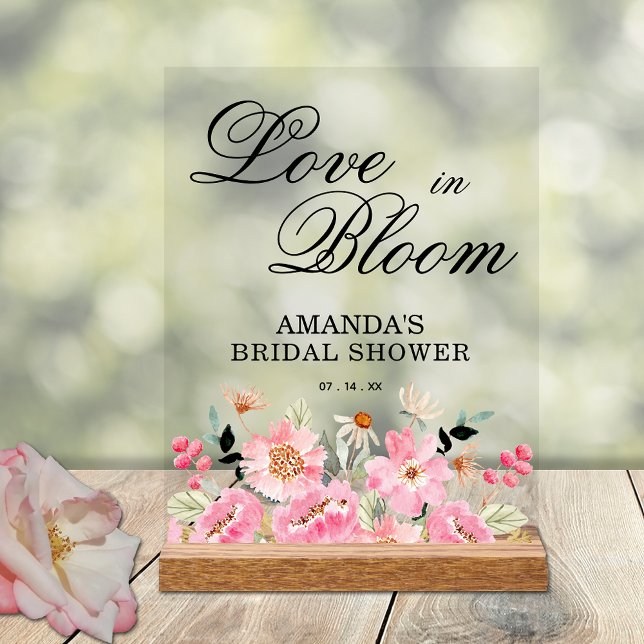 Pink Floral Bridal Shower Welcome Acrylic Sign (Love in Bloom on pink garden floral bridal shower welcome acrylic tabletop sign)