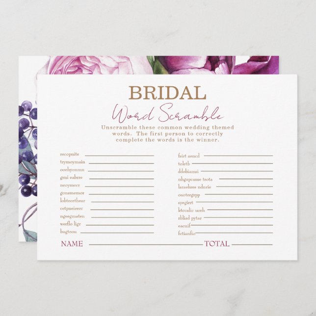 Pink Floral Bridal Shower Word Scramble Game Invitation (Front/Back)