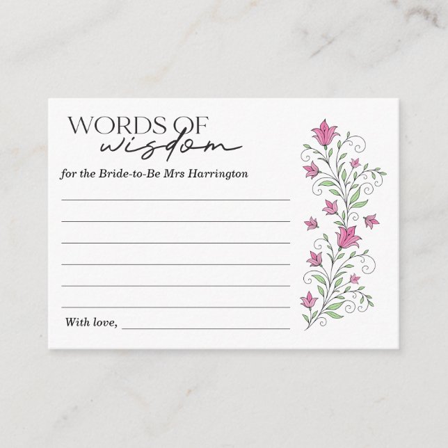 Pink Floral Bridal Shower Words of Wisdom Card (Front)