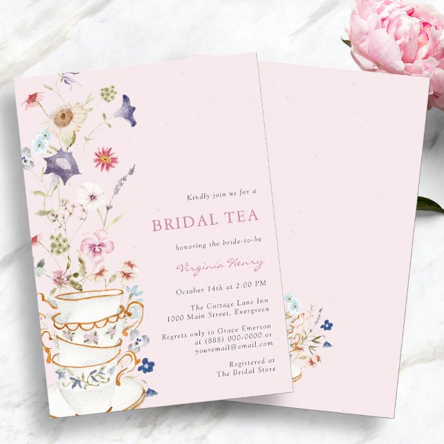 Pink Floral Bridal Tea Invitation (Elegant Pink Floral Bridal Tea Invitation by Painted Paperie
)
