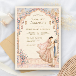Pink Floral Bride Groom Romantic Sangeet Ceremony Invitation