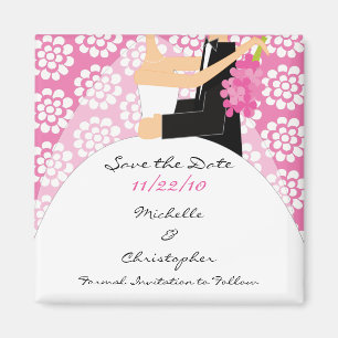 Pink Floral Bride & Groom Save The Date Magnet