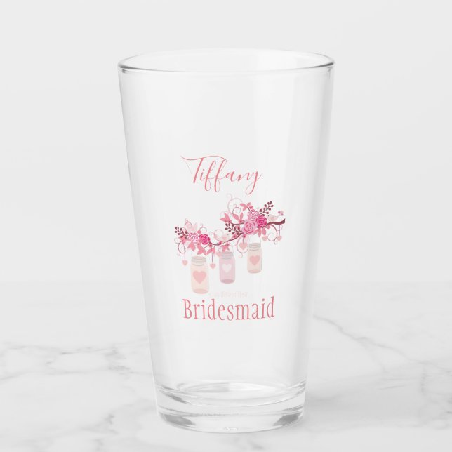 Pink floral bridesmaid mason jar design glass (Front)