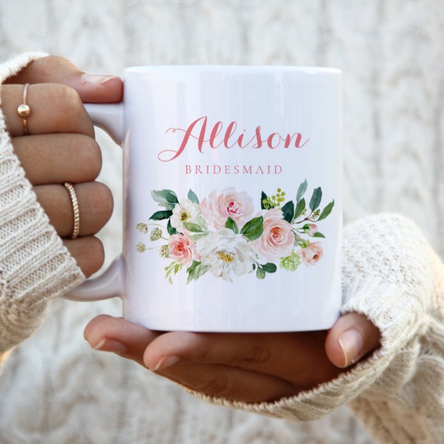 Pink floral Bridesmaid Personalised Two-Tone Coffee Mug (Creator Uploaded)