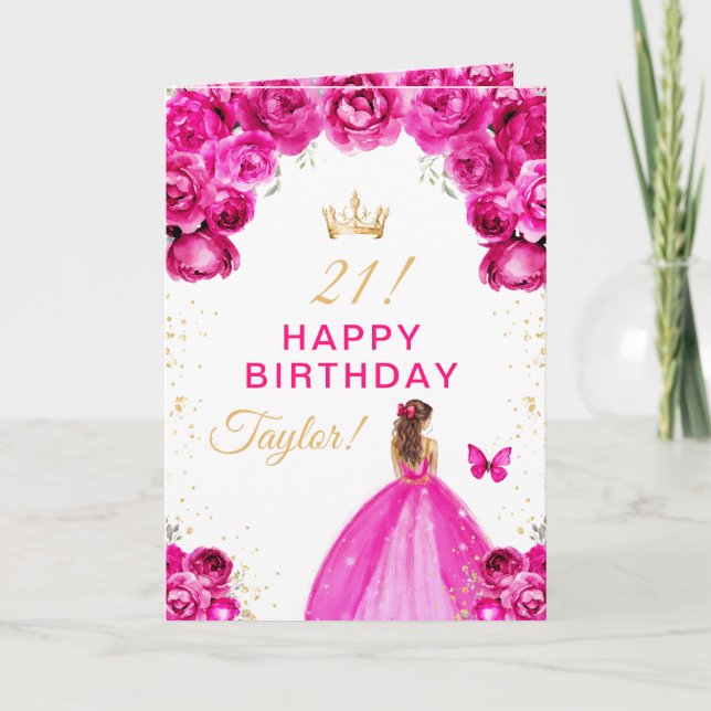 Pink Floral Brown Hair Girl Happy Birthday Card (Front)