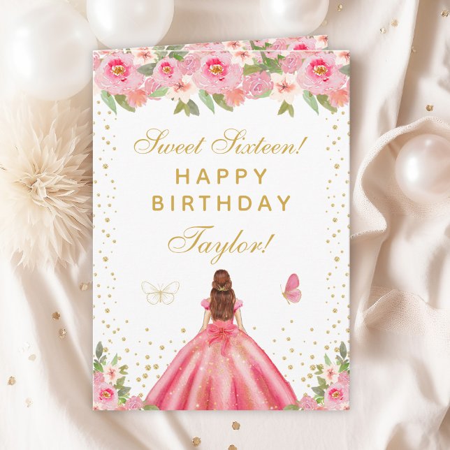 Pink Floral Brown Hair Girl Sweet Sixteen Card (Creator Uploaded)