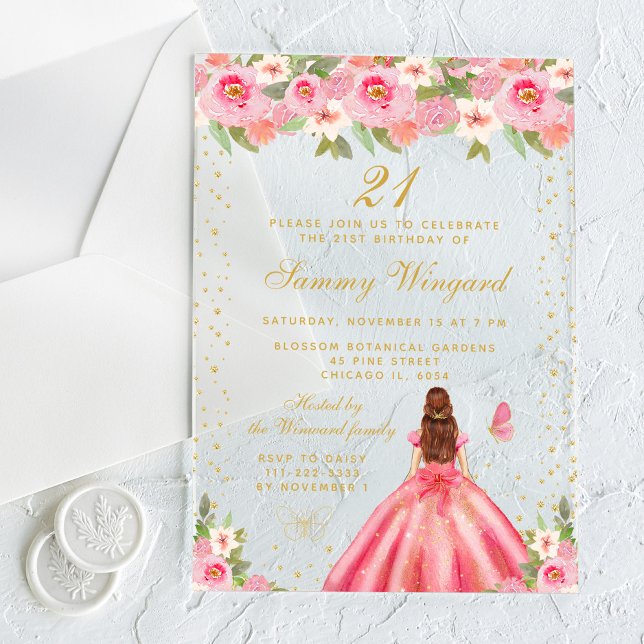 Pink Floral Brown Hair Princess Birthday Party Acrylic Invitations (Creator Uploaded)