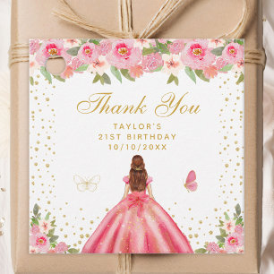 Pink Floral Brown Hair Princess Birthday Party Favour Tags