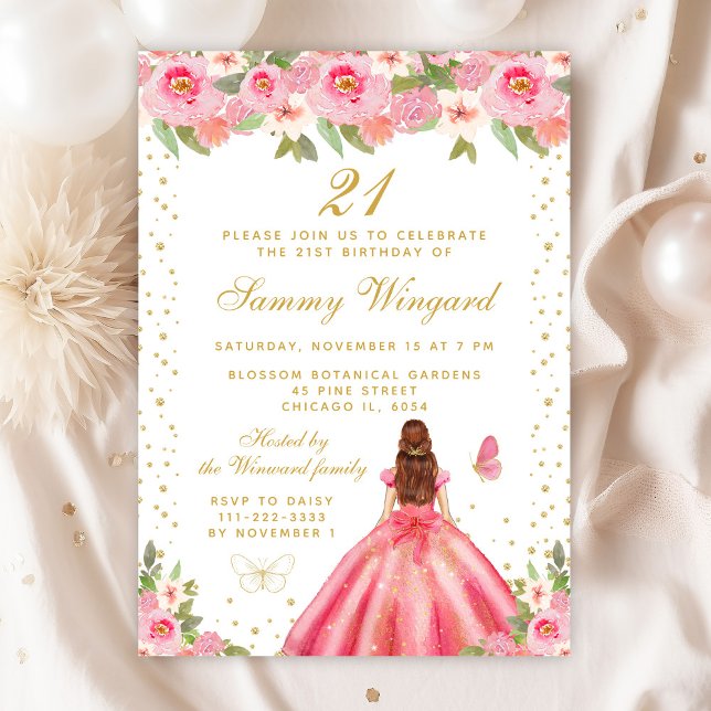 Pink Floral Brown Hair Princess Birthday Party Invitation (Creator Uploaded)