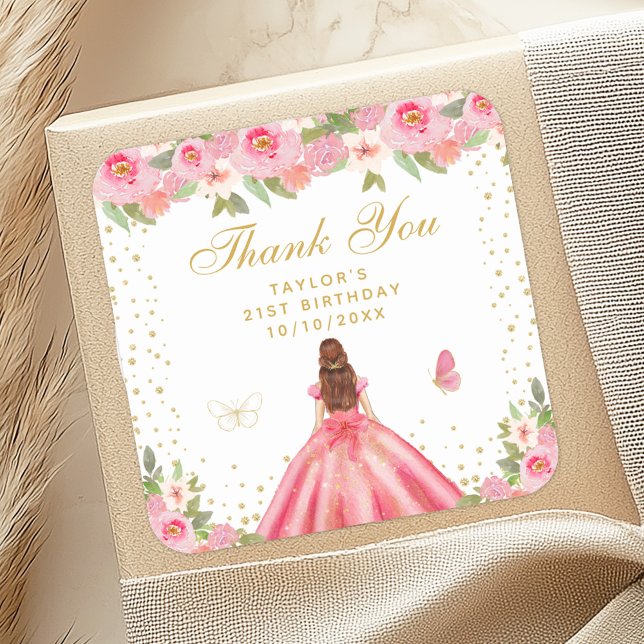 Pink Floral Brown Hair Princess Birthday Party Square Sticker (Creator Uploaded)
