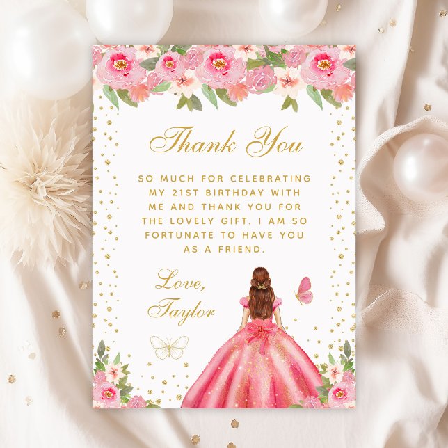 Pink Floral Brown Hair Princess Birthday Party Thank You Card (Creator Uploaded)