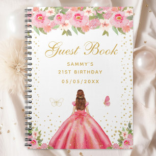 Pink Floral Brown Hair Princess Guest Book