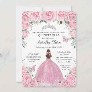 Pink Floral Brown Hair Princess Quinceanera Mis 15 Invitation