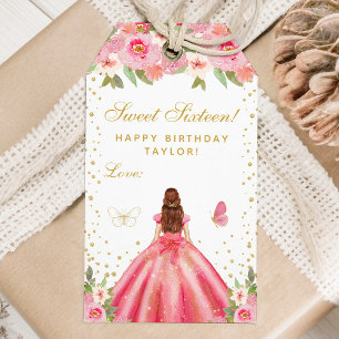 Pink Floral Brown Hair Princess Sweet Sixteen Gift Tags