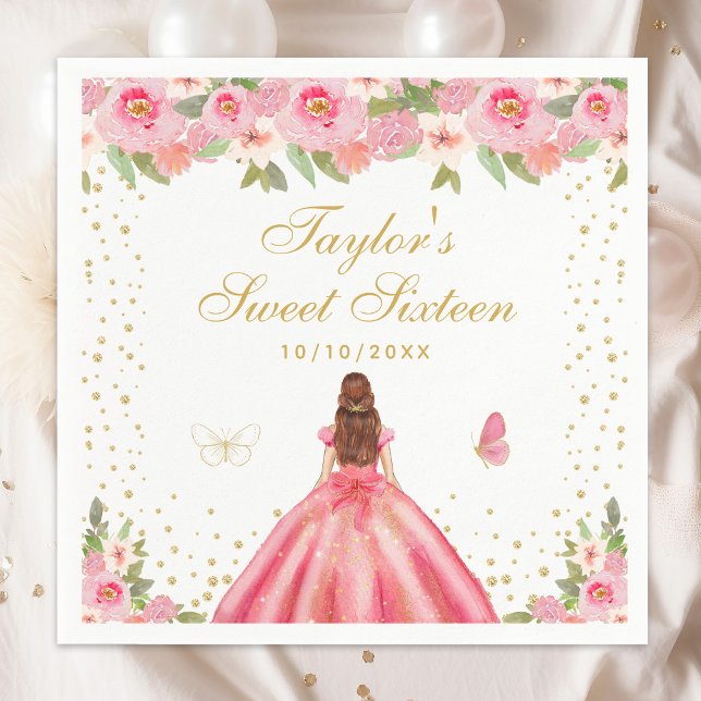 Pink Floral Brown Hair Princess Sweet Sixteen Napkin (Creator Uploaded)