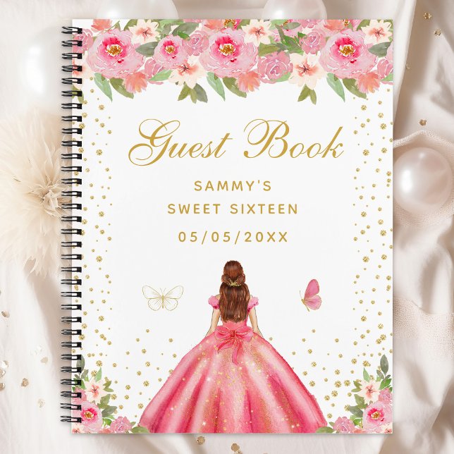 Pink Floral Brown Hair Princess Sweet Sixteen Notebook (Creator Uploaded)