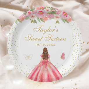 Pink Floral Brown Hair Princess Sweet Sixteen Paper Plate