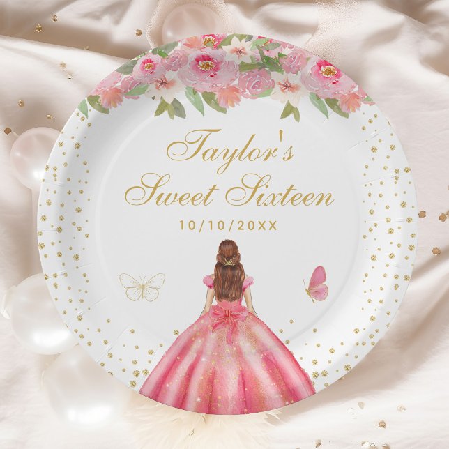 Pink Floral Brown Hair Princess Sweet Sixteen Paper Plate (Creator Uploaded)