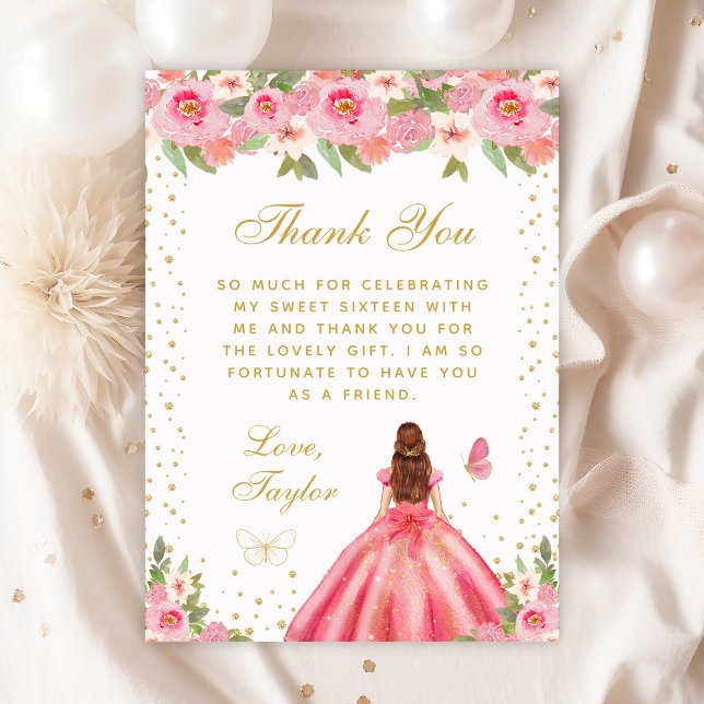 Pink Floral Brown Hair Princess Sweet Sixteen Thank You Card (Creator Uploaded)