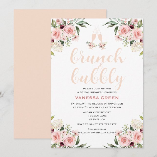 Pink Floral Brunch and Bubbly Bridal Shower  Invitation (Front/Back)