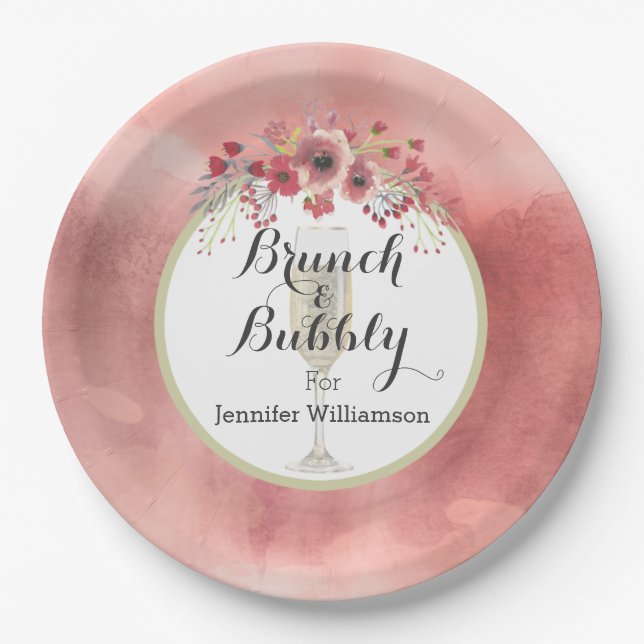 Pink Floral Brunch and Bubbly Wedding Shower Paper Plate (Front)
