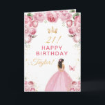 Pink Floral Brunette Hair Girl Happy Birthday Card<br><div class="desc">This elegant and glamourous birthday card can be personalised with a name or title such as daughter, granddaughter, niece, friend etc. The design features a beautiful princess with brunette hair in a blush pink ball gown. The text combines handwritten script and modern sans serif fonts for a classy and sophisticated...</div>