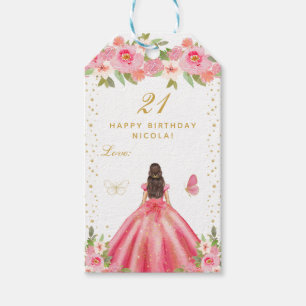 Pink Floral Brunette Hair Girl Happy Birthday Gift Tags