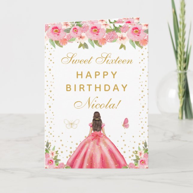 Pink Floral Brunette Hair Girl Sweet Sixteen Card (Front)