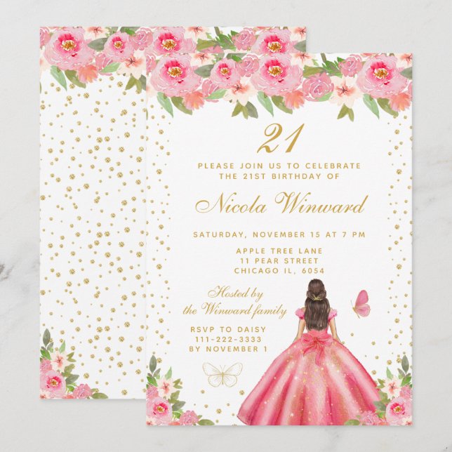 Pink Floral Brunette Hair Princess Birthday Party Invitation (Front/Back)
